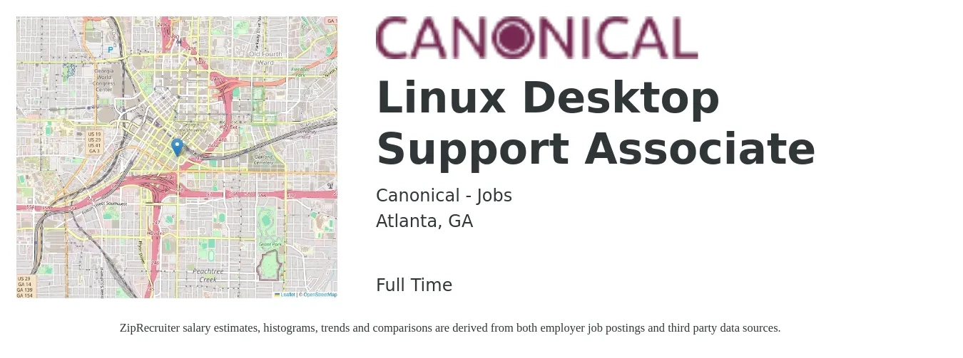 Canonical - Jobs job posting for a Linux Desktop Support Associate in Atlanta, GA with a salary of $21 to $25 Hourly with a map of Atlanta location.