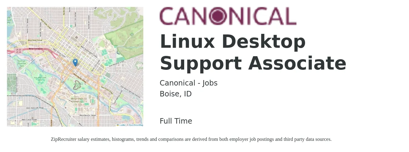 Canonical - Jobs job posting for a Linux Desktop Support Associate in Boise, ID with a salary of $21 to $24 Hourly with a map of Boise location.