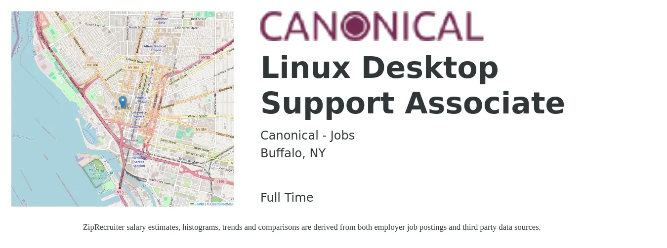Canonical - Jobs job posting for a Linux Desktop Support Associate in Buffalo, NY with a salary of $21 to $25 Hourly with a map of Buffalo location.
