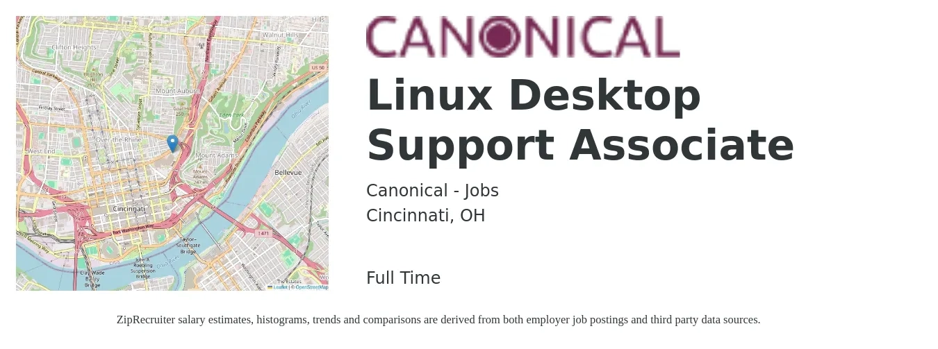Canonical - Jobs job posting for a Linux Desktop Support Associate in Cincinnati, OH with a salary of $21 to $25 Hourly with a map of Cincinnati location.