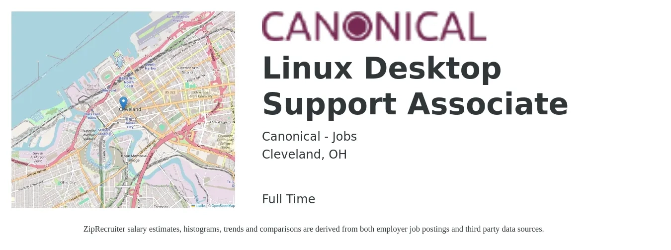 Canonical - Jobs job posting for a Linux Desktop Support Associate in Cleveland, OH with a salary of $21 to $25 Hourly with a map of Cleveland location.
