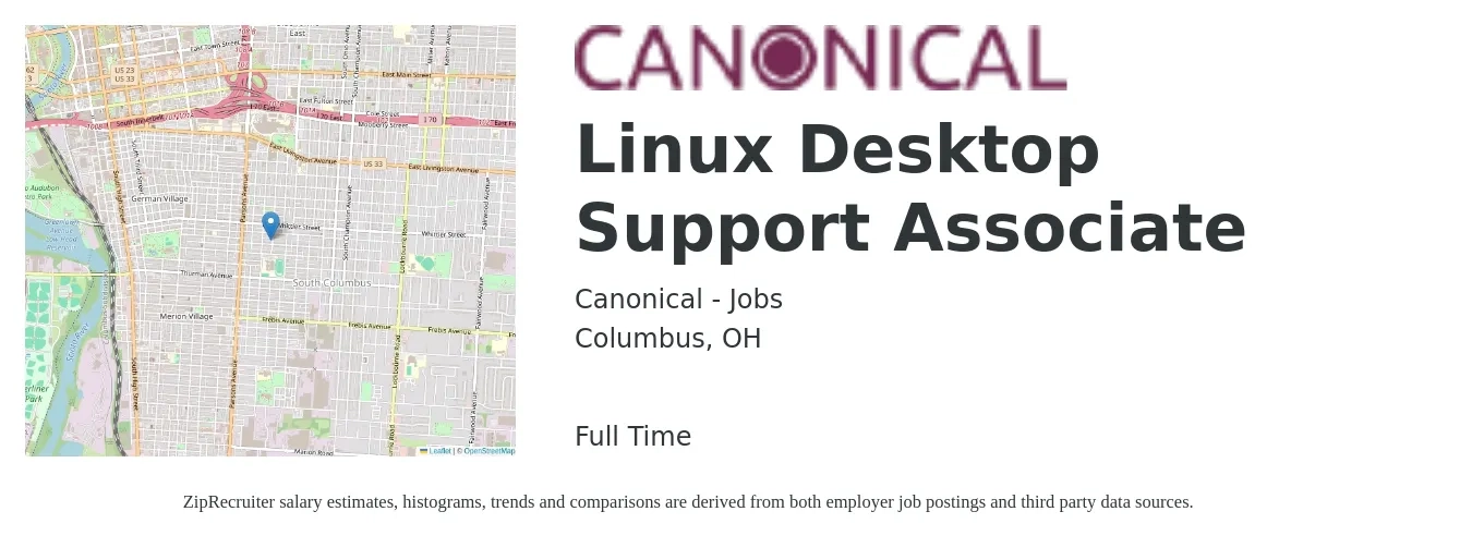 Canonical - Jobs job posting for a Linux Desktop Support Associate in Columbus, OH with a salary of $21 to $25 Hourly with a map of Columbus location.