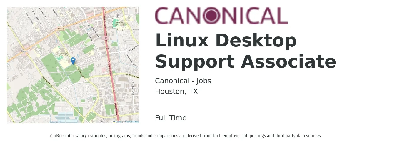 Canonical - Jobs job posting for a Linux Desktop Support Associate in Houston, TX with a salary of $21 to $24 Hourly with a map of Houston location.