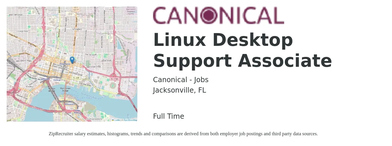 Canonical - Jobs job posting for a Linux Desktop Support Associate in Jacksonville, FL with a salary of $20 to $24 Hourly with a map of Jacksonville location.