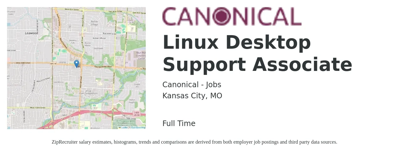 Canonical - Jobs job posting for a Linux Desktop Support Associate in Kansas City, MO with a salary of $22 to $25 Hourly with a map of Kansas City location.