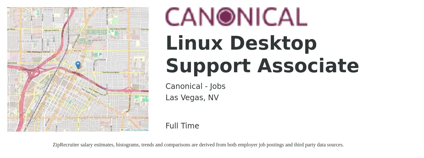 Canonical - Jobs job posting for a Linux Desktop Support Associate in Las Vegas, NV with a salary of $21 to $24 Hourly with a map of Las Vegas location.