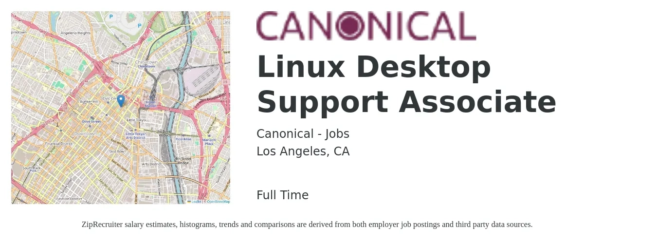 Canonical - Jobs job posting for a Linux Desktop Support Associate in Los Angeles, CA with a salary of $24 to $28 Hourly with a map of Los Angeles location.