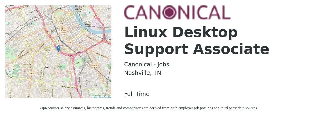 Canonical - Jobs job posting for a Linux Desktop Support Associate in Nashville, TN with a salary of $21 to $25 Hourly with a map of Nashville location.