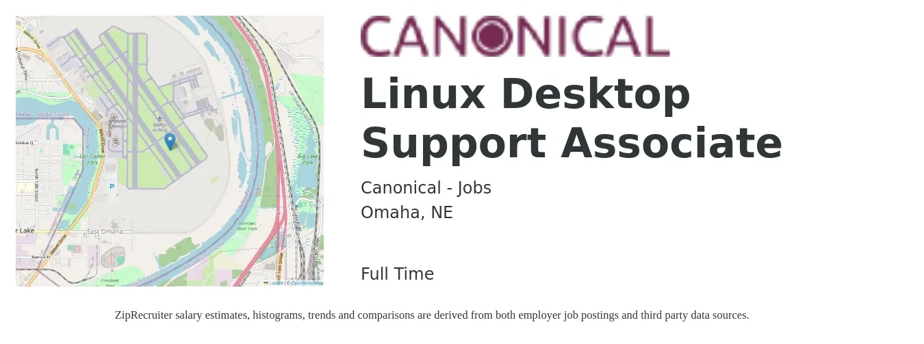 Canonical - Jobs job posting for a Linux Desktop Support Associate in Omaha, NE with a salary of $21 to $25 Hourly with a map of Omaha location.