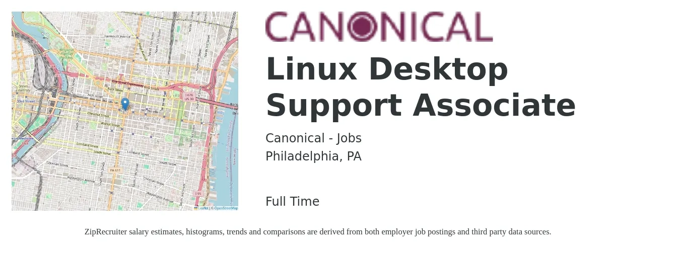 Canonical - Jobs job posting for a Linux Desktop Support Associate in Philadelphia, PA with a salary of $22 to $26 Hourly with a map of Philadelphia location.