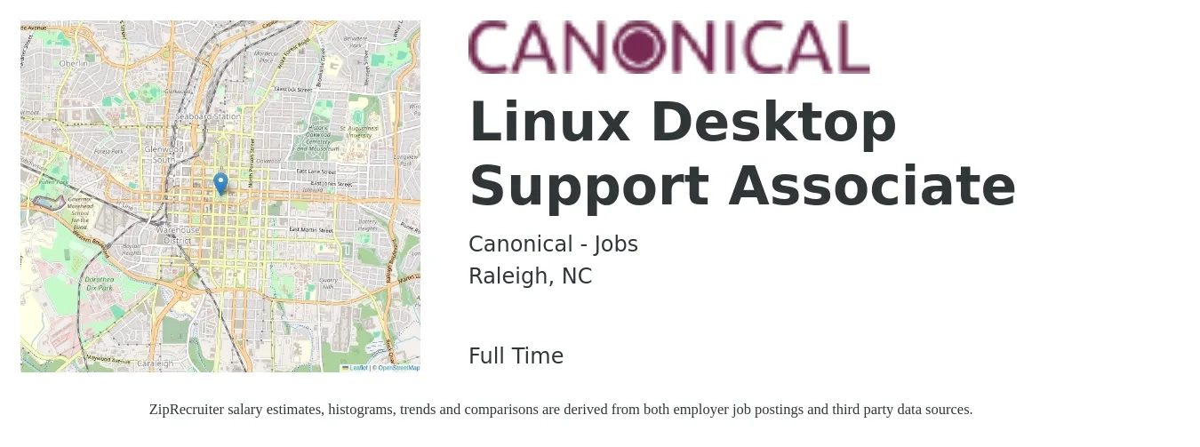 Canonical - Jobs job posting for a Linux Desktop Support Associate in Raleigh, NC with a salary of $22 to $25 Hourly with a map of Raleigh location.