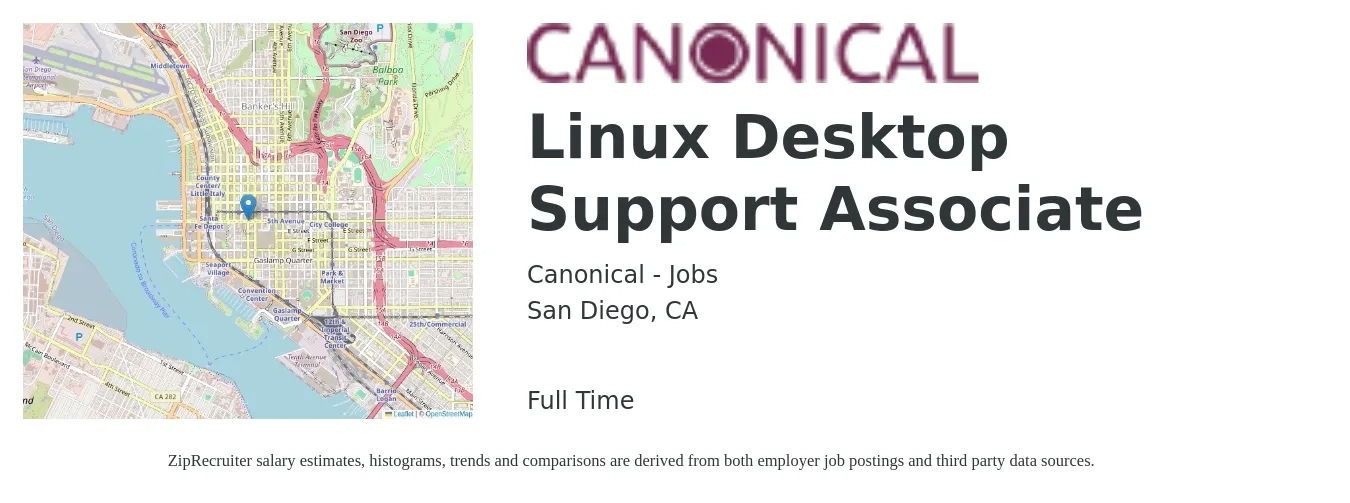 Canonical - Jobs job posting for a Linux Desktop Support Associate in San Diego, CA with a salary of $23 to $27 Hourly with a map of San Diego location.