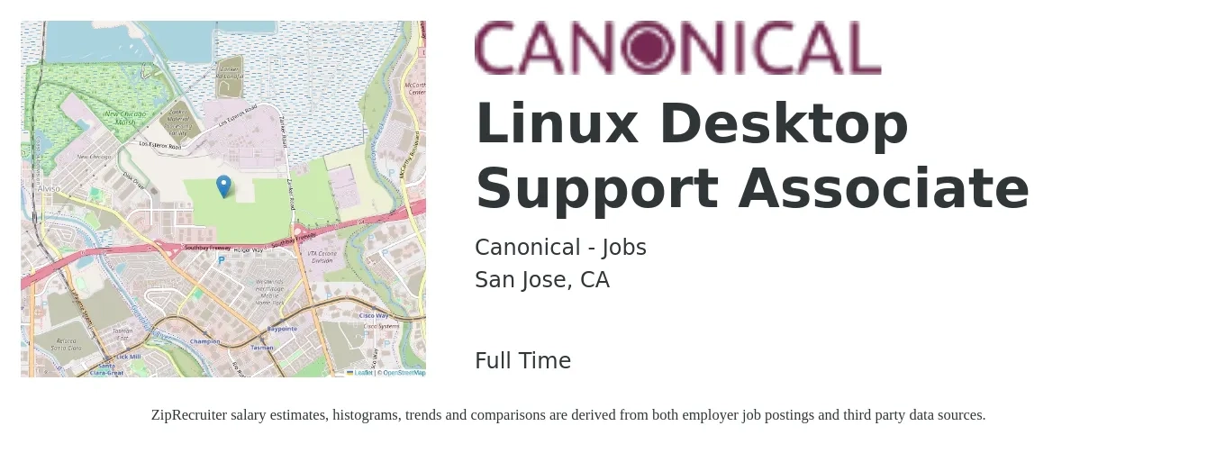 Canonical - Jobs job posting for a Linux Desktop Support Associate in San Jose, CA with a salary of $26 to $30 Hourly with a map of San Jose location.