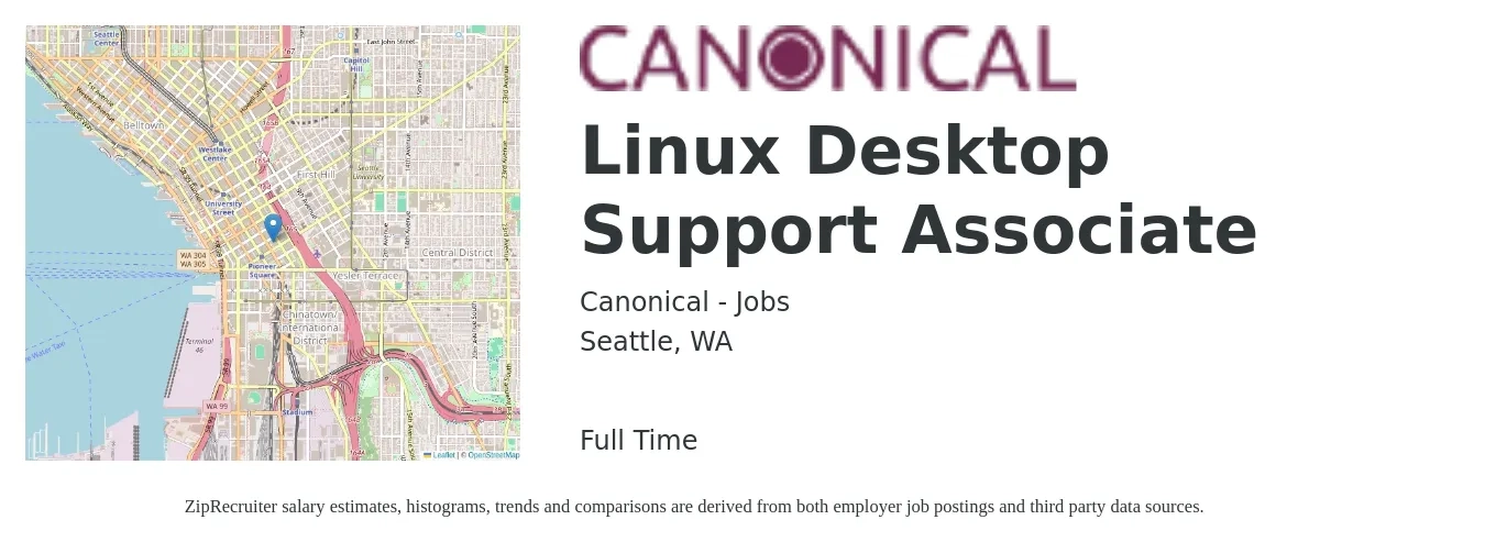 Canonical - Jobs job posting for a Linux Desktop Support Associate in Seattle, WA with a salary of $25 to $29 Hourly with a map of Seattle location.
