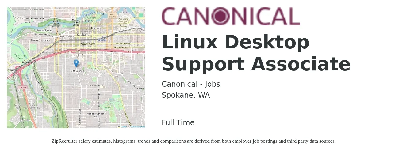 Canonical - Jobs job posting for a Linux Desktop Support Associate in Spokane, WA with a salary of $22 to $26 Hourly with a map of Spokane location.