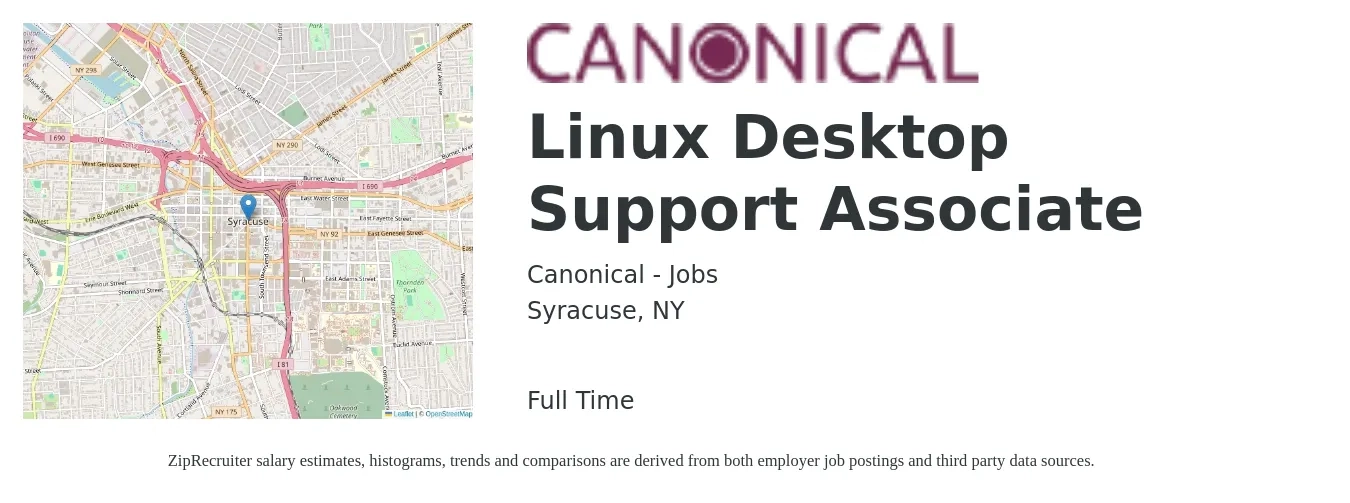 Canonical - Jobs job posting for a Linux Desktop Support Associate in Syracuse, NY with a salary of $22 to $26 Hourly with a map of Syracuse location.