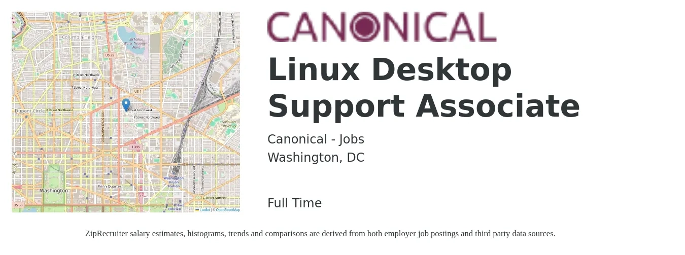 Canonical - Jobs job posting for a Linux Desktop Support Associate in Washington, DC with a salary of $25 to $29 Hourly with a map of Washington location.