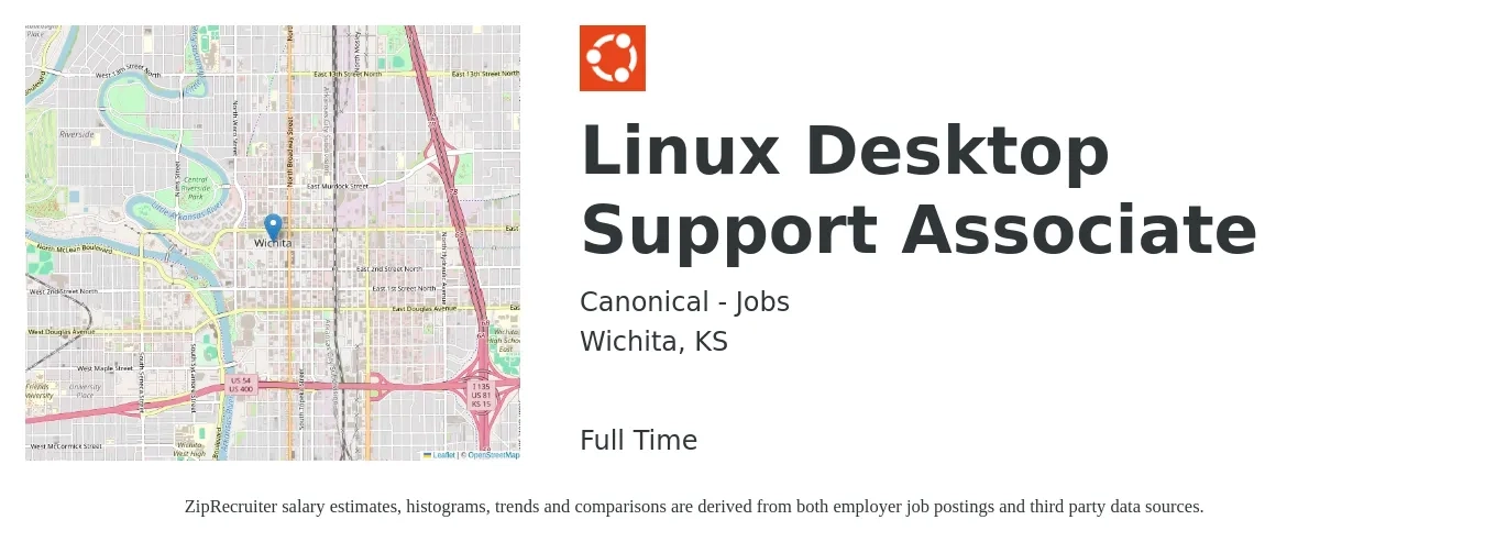Canonical - Jobs job posting for a Linux Desktop Support Associate in Wichita, KS with a salary of $20 to $23 Hourly with a map of Wichita location.