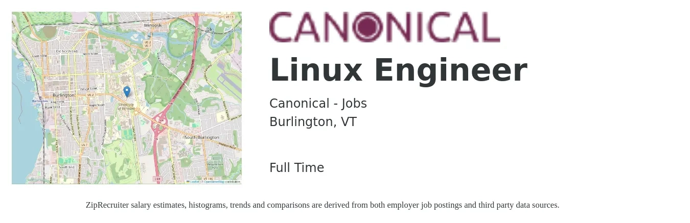 Canonical - Jobs job posting for a Linux Engineer in Burlington, VT with a salary of $50 to $70 Hourly with a map of Burlington location.