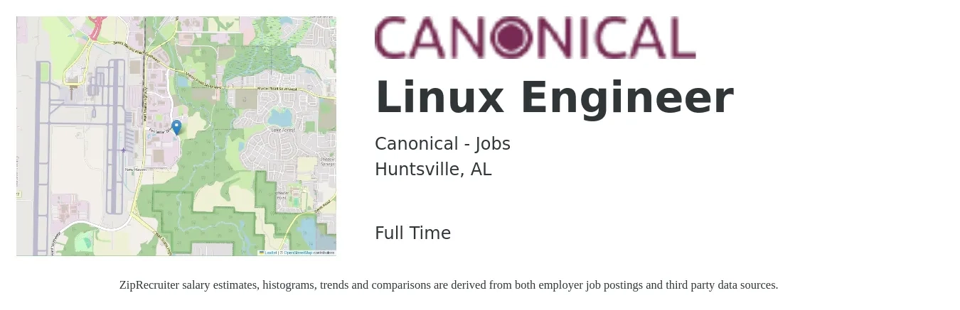 Canonical - Jobs job posting for a Linux Engineer in Huntsville, AL with a salary of $49 to $69 Hourly with a map of Huntsville location.