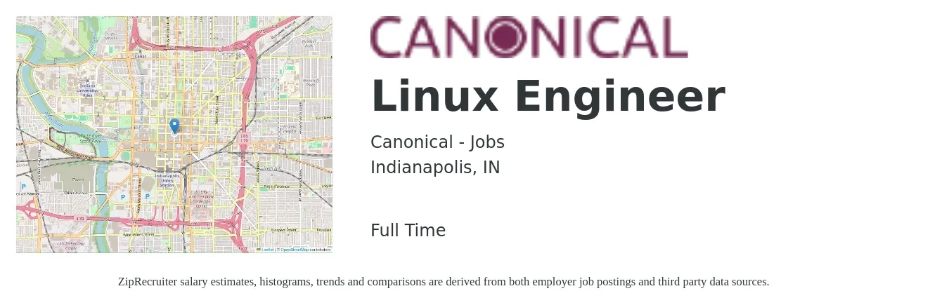 Canonical - Jobs job posting for a Linux Engineer in Indianapolis, IN with a salary of $48 to $67 Hourly with a map of Indianapolis location.