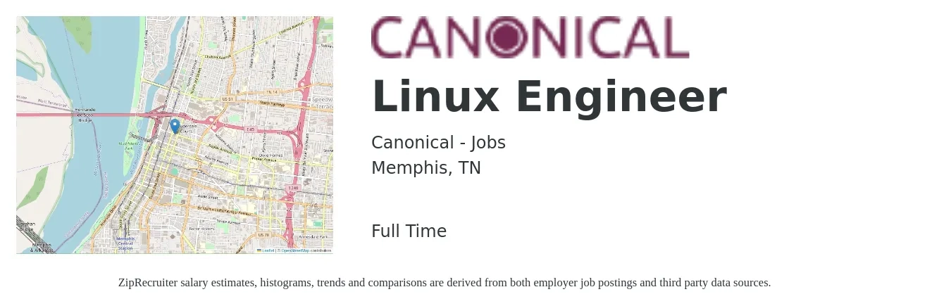 Canonical - Jobs job posting for a Linux Engineer in Memphis, TN with a salary of $48 to $68 Hourly with a map of Memphis location.