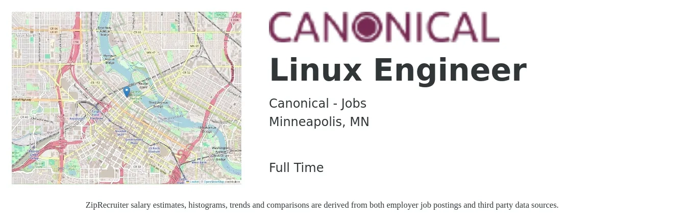 Canonical - Jobs job posting for a Linux Engineer in Minneapolis, MN with a salary of $52 to $73 Hourly with a map of Minneapolis location.
