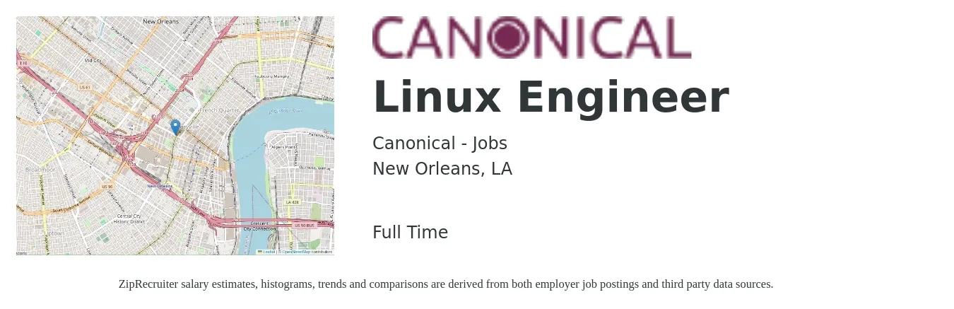 Canonical - Jobs job posting for a Linux Engineer in New Orleans, LA with a salary of $48 to $67 Hourly with a map of New Orleans location.