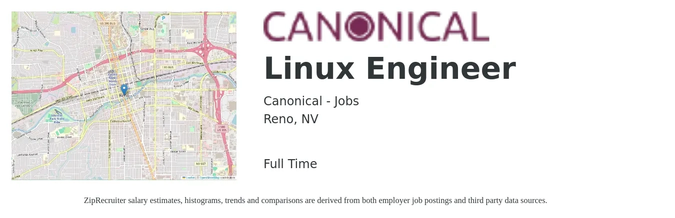 Canonical - Jobs job posting for a Linux Engineer in Reno, NV with a salary of $50 to $70 Hourly with a map of Reno location.