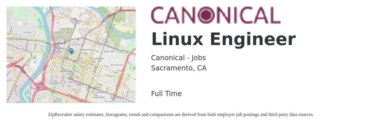 Canonical - Jobs job posting for a Linux Engineer in Sacramento, CA with a salary of $53 to $74 Hourly with a map of Sacramento location.