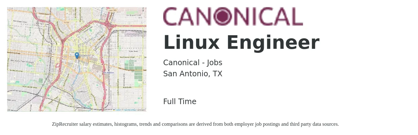 Canonical - Jobs job posting for a Linux Engineer in San Antonio, TX with a salary of $45 to $63 Hourly with a map of San Antonio location.