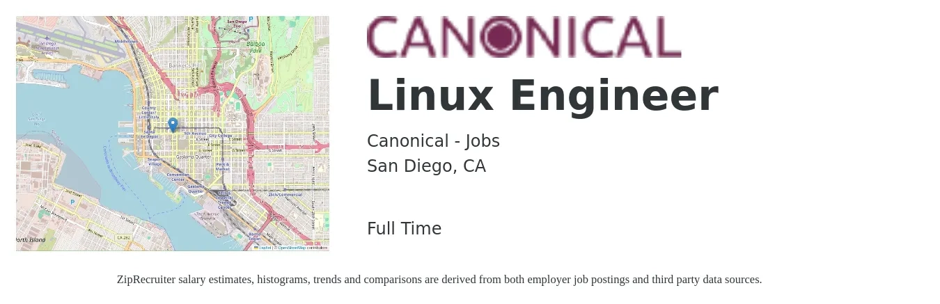 Canonical - Jobs job posting for a Linux Engineer in San Diego, CA with a salary of $53 to $74 Hourly with a map of San Diego location.