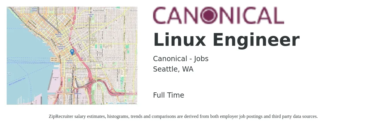 Canonical - Jobs job posting for a Linux Engineer in Seattle, WA with a salary of $57 to $80 Hourly with a map of Seattle location.