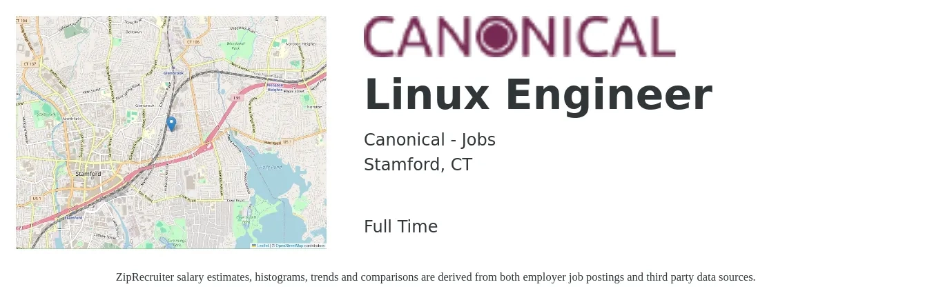Canonical - Jobs job posting for a Linux Engineer in Stamford, CT with a salary of $53 to $74 Hourly with a map of Stamford location.