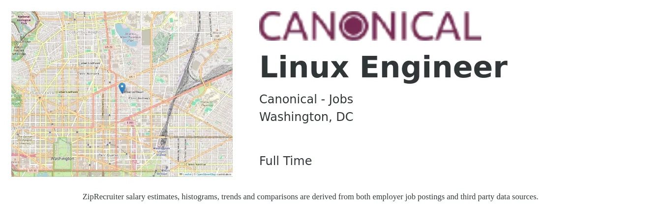 Canonical - Jobs job posting for a Linux Engineer in Washington, DC with a salary of $57 to $79 Hourly with a map of Washington location.