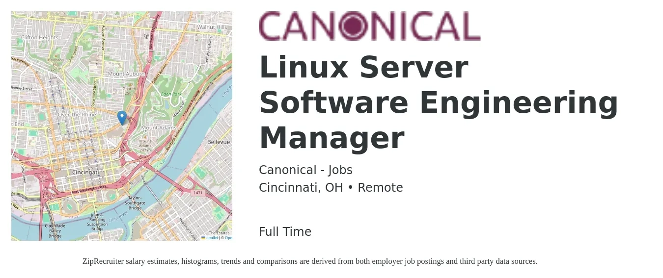 Canonical - Jobs job posting for a Linux Server Software Engineering Manager in Cincinnati, OH with a salary of $166,000 Yearly with a map of Cincinnati location.