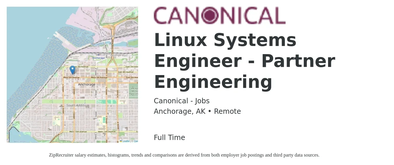 Canonical - Jobs job posting for a Linux Systems Engineer - Partner Engineering in Anchorage, AK with a salary of $48 to $61 Hourly with a map of Anchorage location.