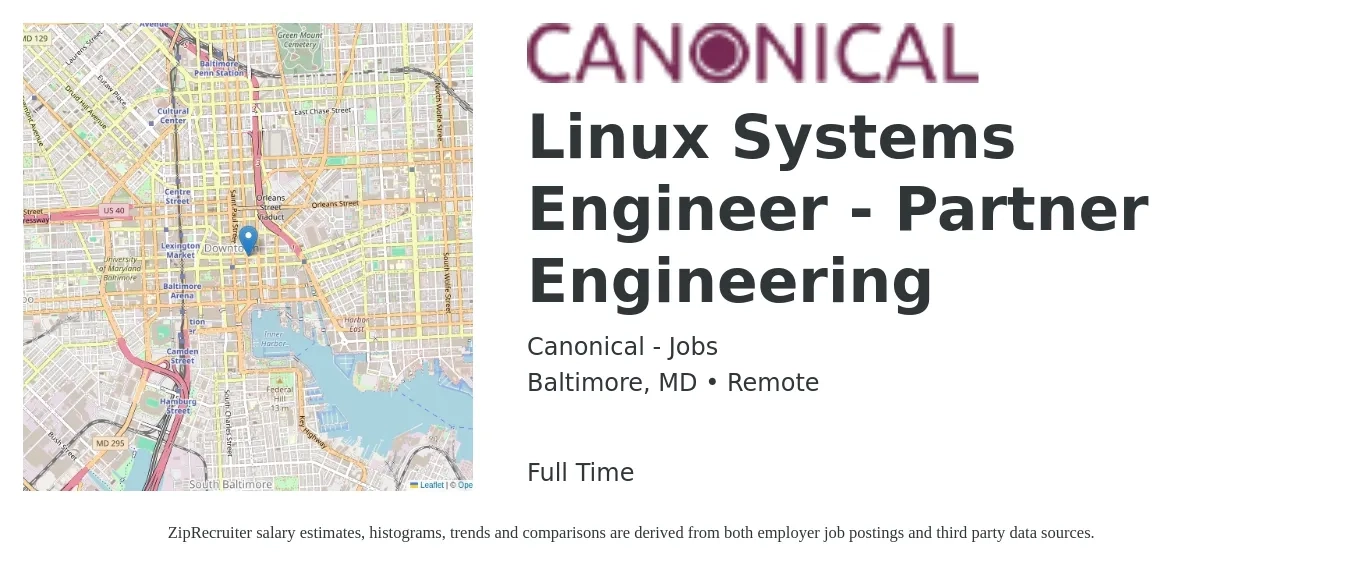 Canonical - Jobs job posting for a Linux Systems Engineer - Partner Engineering in Baltimore, MD with a salary of $47 to $60 Hourly with a map of Baltimore location.