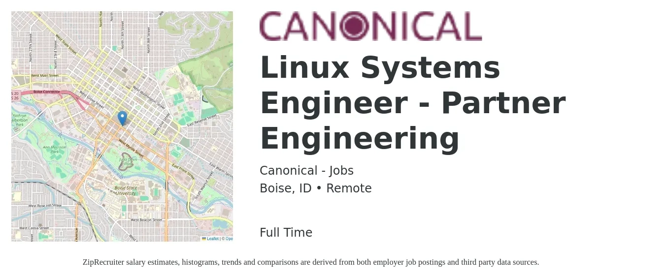 Canonical - Jobs job posting for a Linux Systems Engineer - Partner Engineering in Boise, ID with a salary of $45 to $57 Hourly with a map of Boise location.