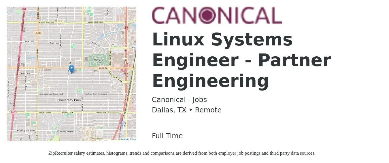 Canonical - Jobs job posting for a Linux Systems Engineer - Partner Engineering in Dallas, TX with a salary of $47 to $59 Hourly with a map of Dallas location.
