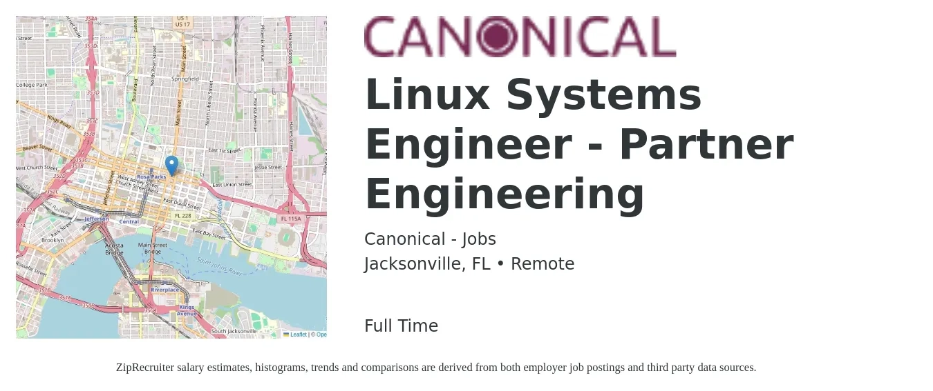 Canonical - Jobs job posting for a Linux Systems Engineer - Partner Engineering in Jacksonville, FL with a salary of $44 to $56 Hourly with a map of Jacksonville location.