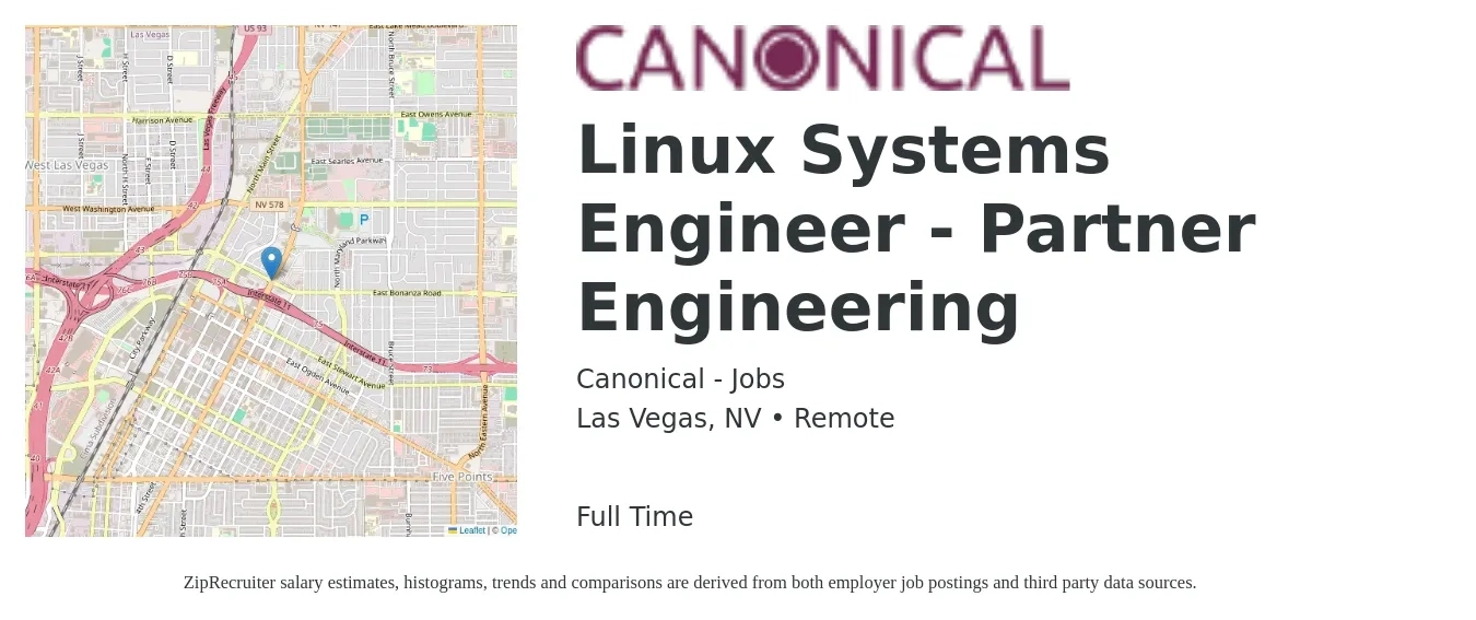 Canonical - Jobs job posting for a Linux Systems Engineer - Partner Engineering in Las Vegas, NV with a salary of $45 to $57 Hourly with a map of Las Vegas location.