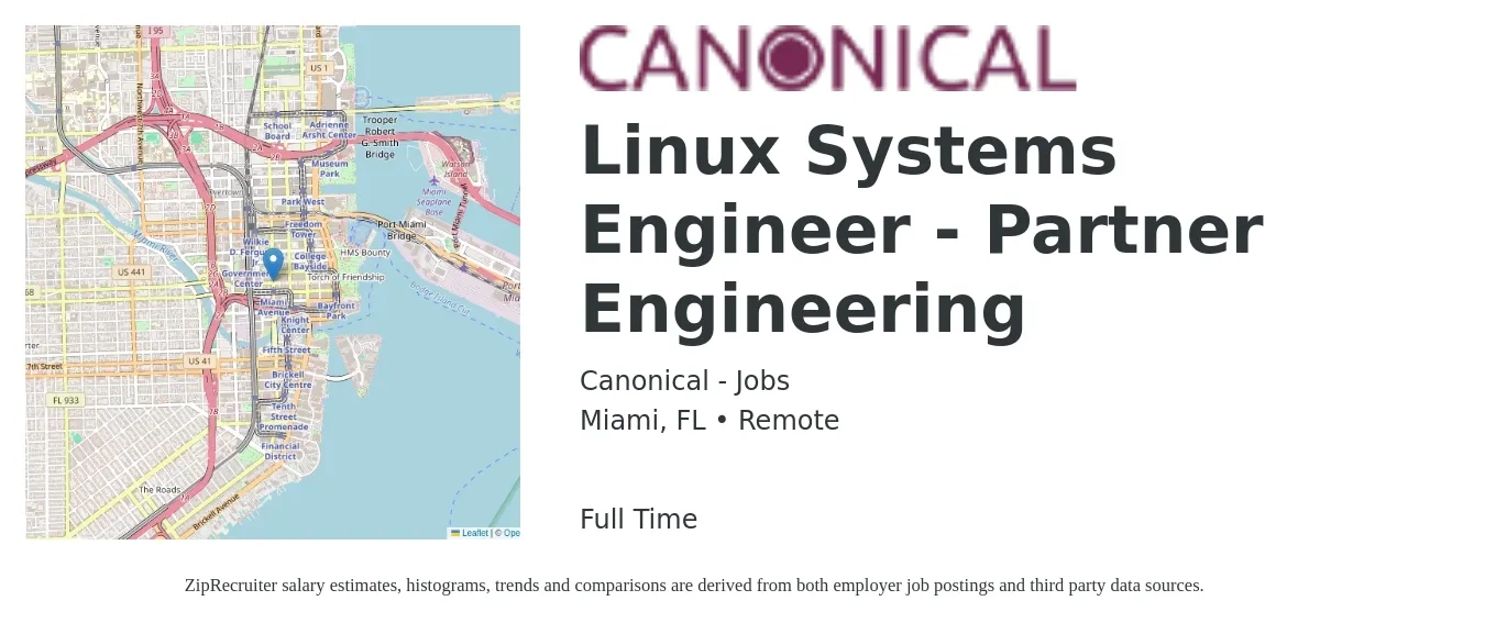 Canonical - Jobs job posting for a Linux Systems Engineer - Partner Engineering in Miami, FL with a salary of $46 to $58 Hourly with a map of Miami location.