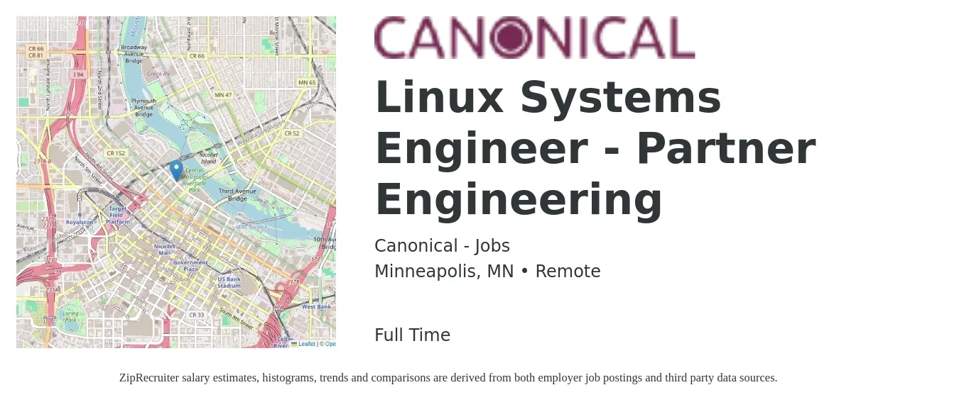 Canonical - Jobs job posting for a Linux Systems Engineer - Partner Engineering in Minneapolis, MN with a salary of $50 to $63 Hourly with a map of Minneapolis location.