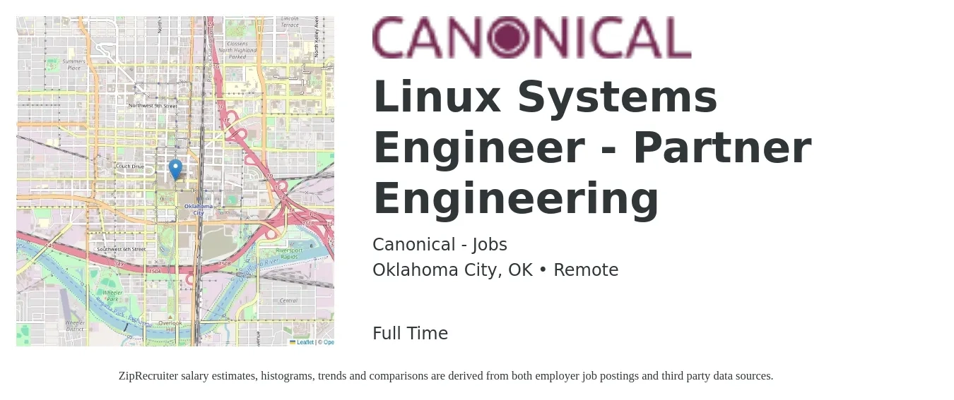 Canonical - Jobs job posting for a Linux Systems Engineer - Partner Engineering in Oklahoma City, OK with a salary of $44 to $56 Hourly with a map of Oklahoma City location.
