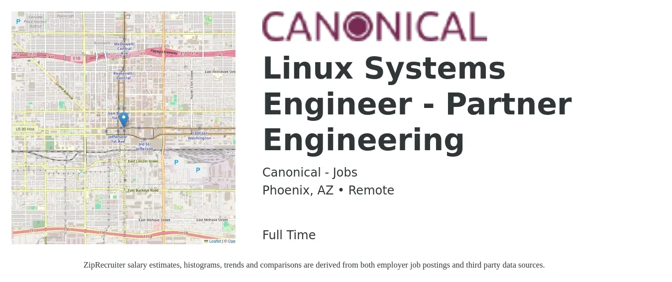 Canonical - Jobs job posting for a Linux Systems Engineer - Partner Engineering in Phoenix, AZ with a salary of $47 to $60 Hourly with a map of Phoenix location.