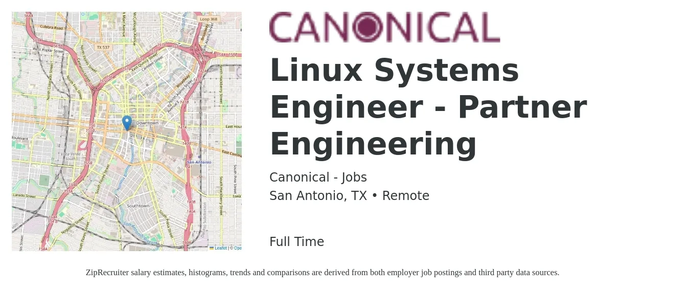 Canonical - Jobs job posting for a Linux Systems Engineer - Partner Engineering in San Antonio, TX with a salary of $43 to $54 Hourly with a map of San Antonio location.
