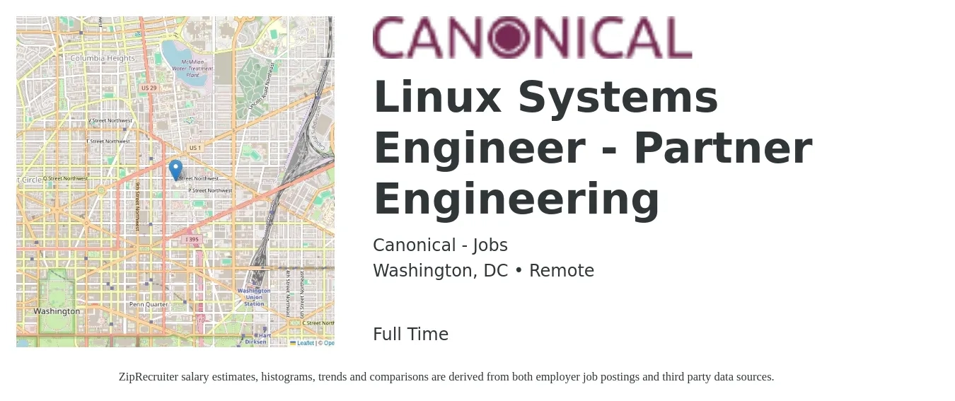 Canonical - Jobs job posting for a Linux Systems Engineer - Partner Engineering in Washington, DC with a salary of $54 to $68 Hourly with a map of Washington location.