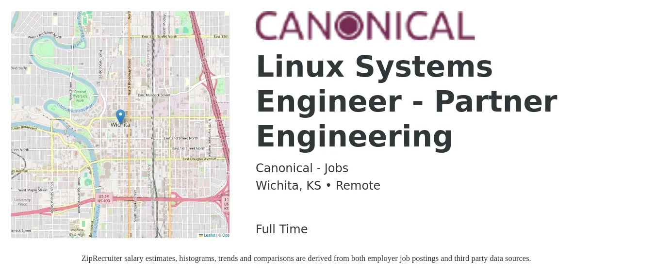 Canonical - Jobs job posting for a Linux Systems Engineer - Partner Engineering in Wichita, KS with a salary of $42 to $54 Hourly with a map of Wichita location.