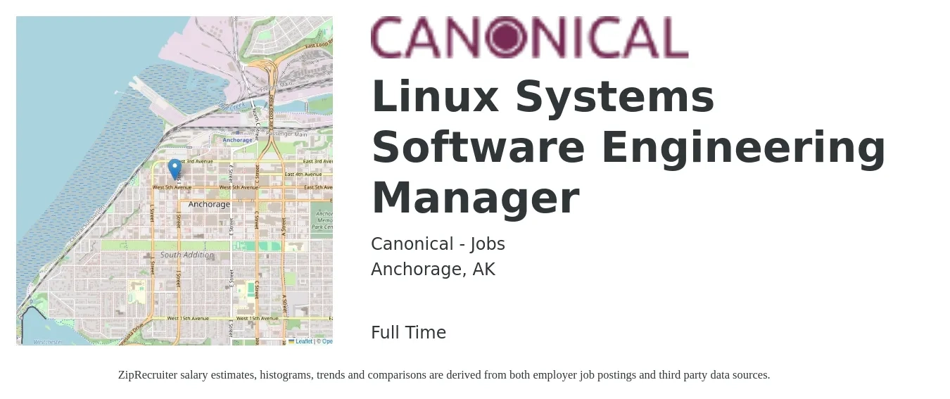Canonical - Jobs job posting for a Linux Systems Software Engineering Manager in Anchorage, AK with a salary of $176,800 Yearly with a map of Anchorage location.